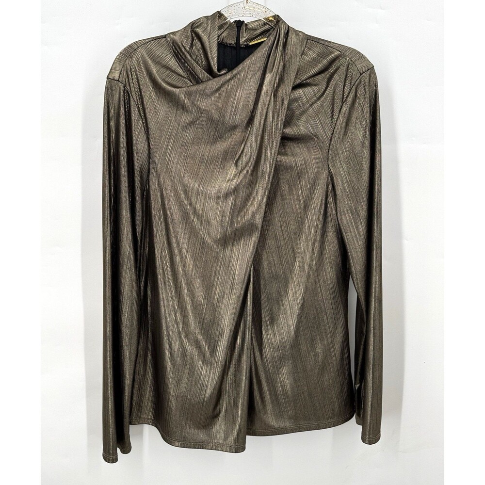 Elie Tahari Top Women M Metallic Bronze Draped Cowl Neck Long Sleeve Stretch Y2K
